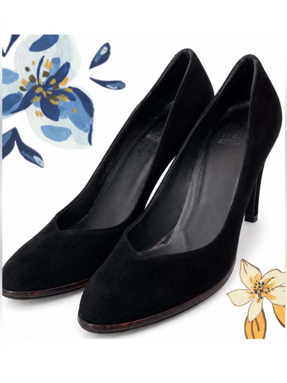Stuart Weitzman Black Suede Tortoiseshell Trim Platform Pumps 7.5 M Spain